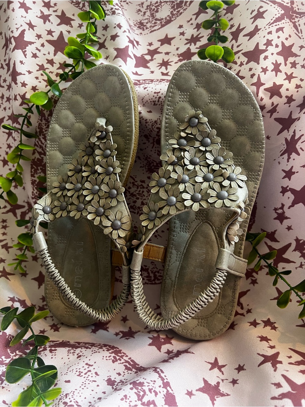 Women’s Floral T-Strap Sandals in Taupe — Comfortable Casual Sandals